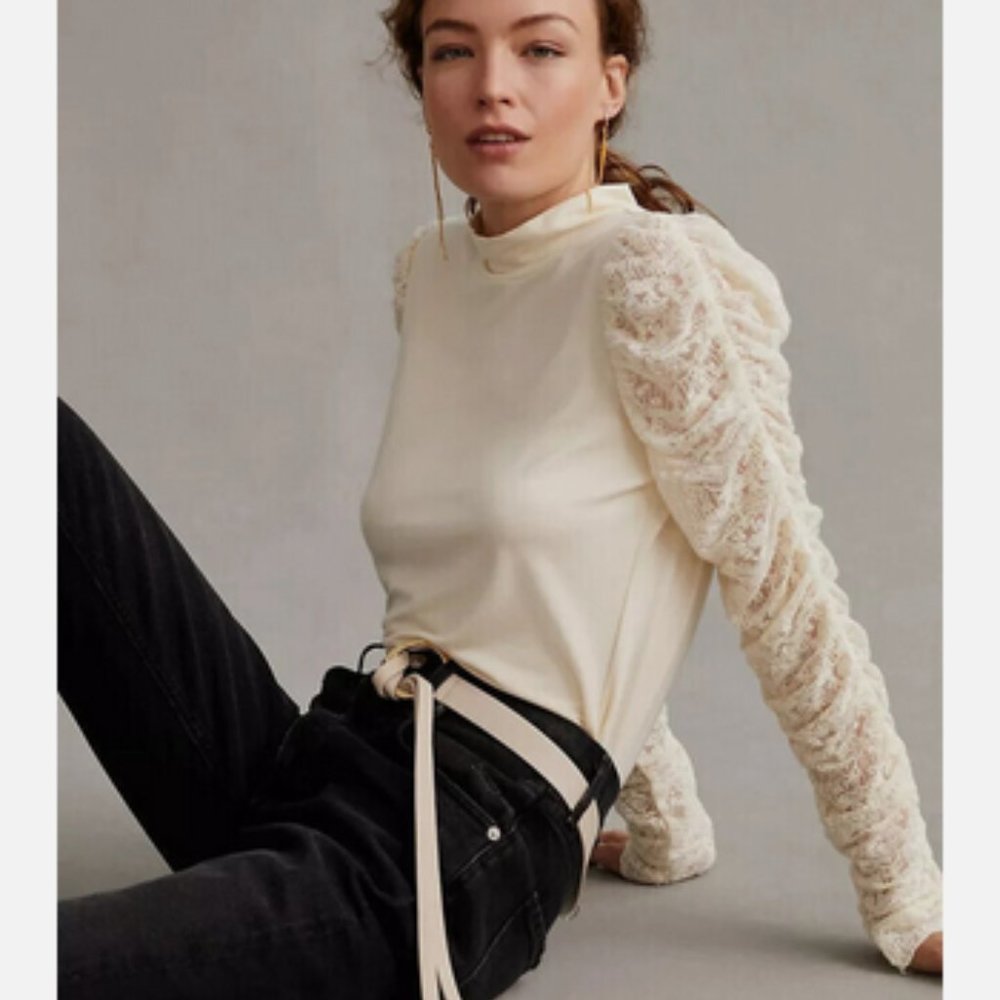 Anthropologie Cream Lace-Sleeve Cowl Turtleneck Sweater